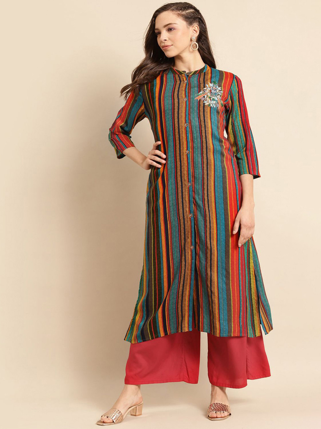 Anouk Women Striped Keyhole Neck Flared Sleeves Thread Work Liva Kurta, Turquoise blue 
Anouk Women Striped Keyhole Neck Flared Sleeves Thread Work Liva Kurta, Turquoise blue