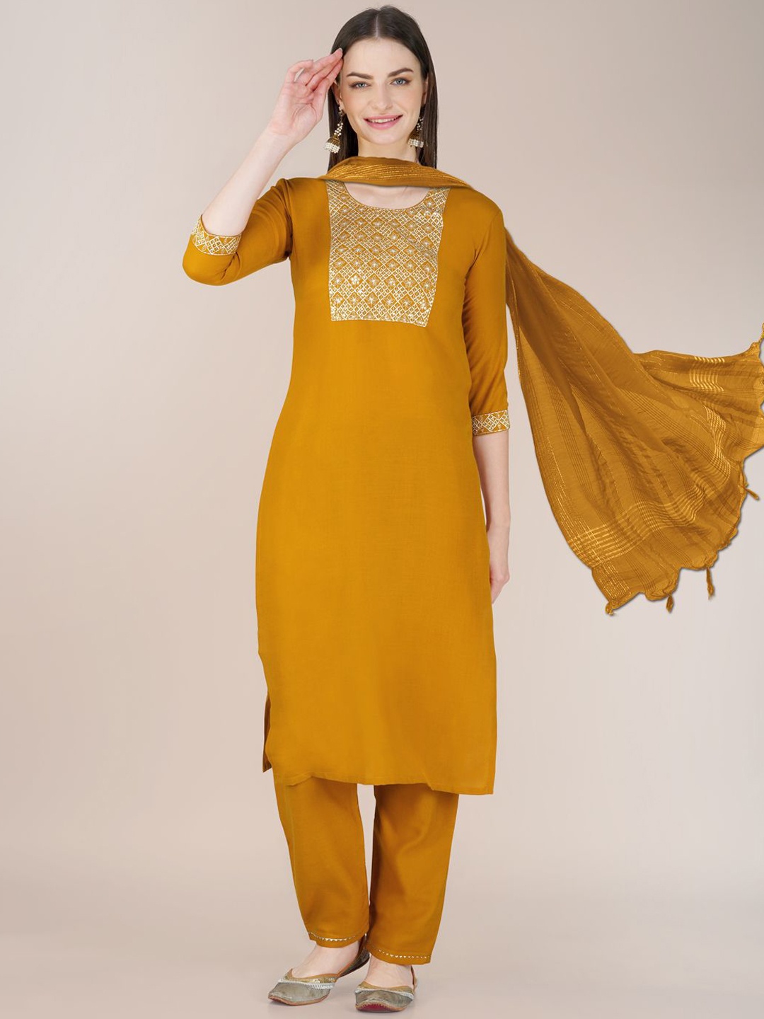Rujave Women Embroidered Regular Sequinned Kurta with Trousers & With Dupatta, Yellow
Rujave Women Embroidered Regular Sequinned Kurta with Trousers & With Dupatta, Yellow