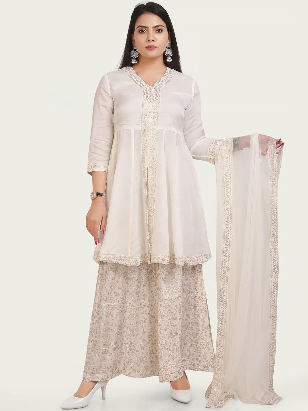 COTTON CULTURE Women Floral Embroidered Regular Sequinned Kurti with Sharara & With Dupatta, Off white
COTTON CULTURE Women Floral Embroidered Regular Sequinned Kurti with Sharara & With Dupatta, Off white