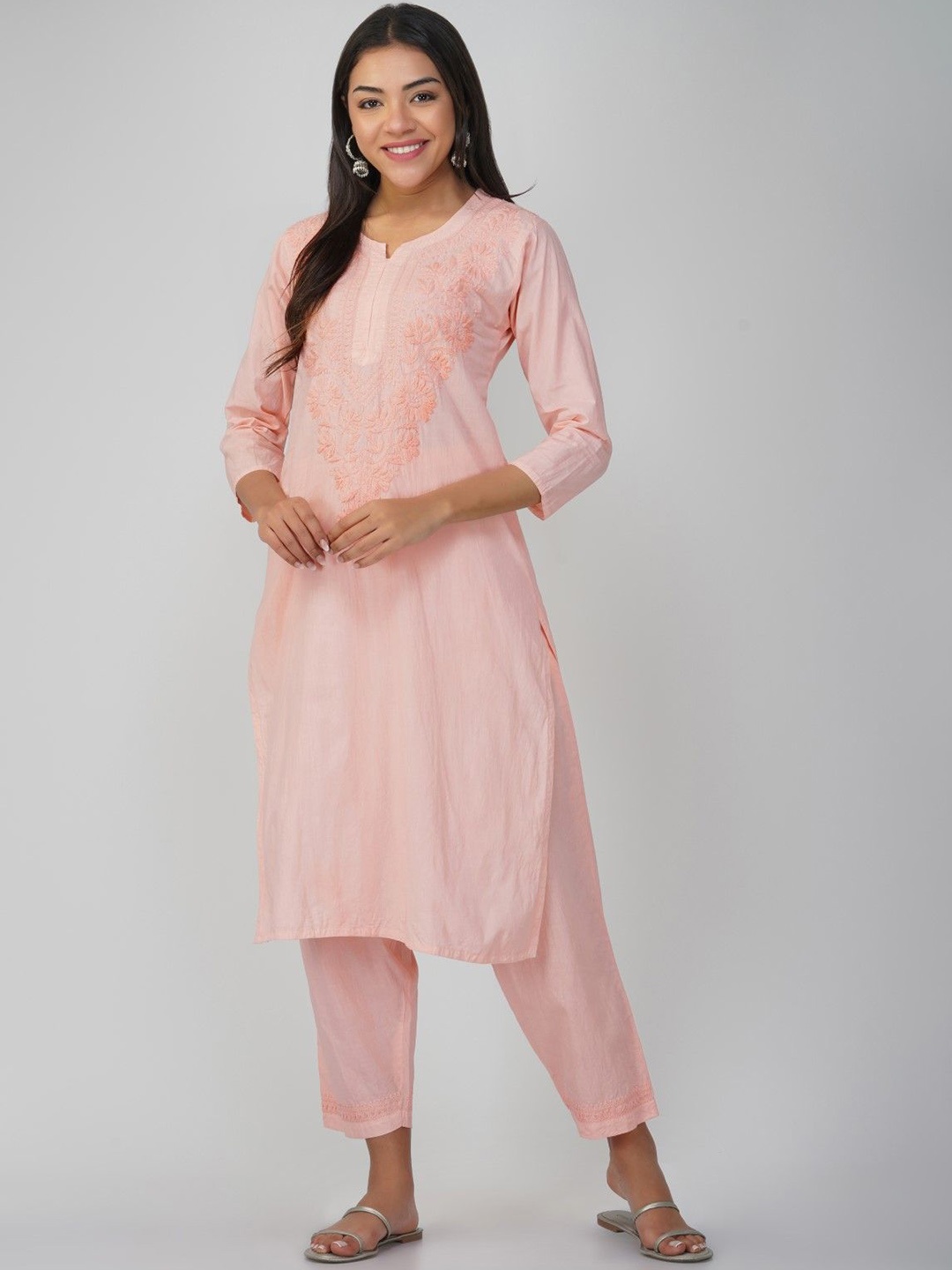 THE VASILIKI Yoke Design Notch Neck Thread Work Pure Cotton Straight Kurta With Trousers, Peach
THE VASILIKI Yoke Design Notch Neck Thread Work Pure Cotton Straight Kurta With Trousers, Peach