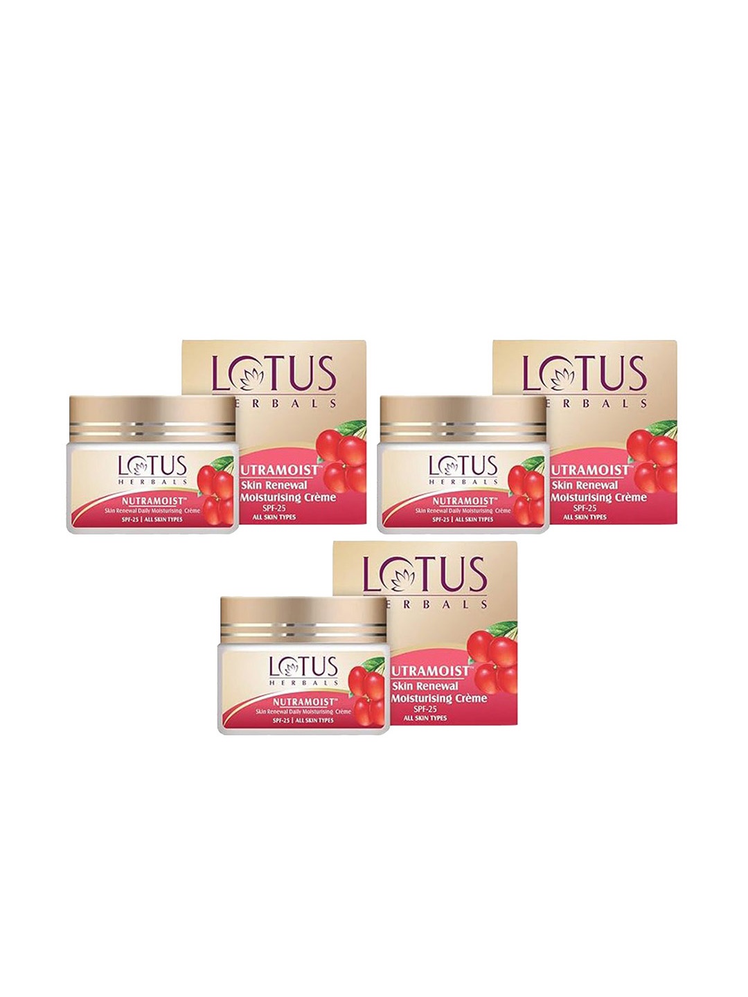 Lotus Herbals Set of 3 Nutramoist Skin Renewal SPF25 Daily Moisturisng Cream - 50 g each, Beige
Lotus Herbals Set of 3 Nutramoist Skin Renewal SPF25 Daily Moisturisng Cream - 50 g each, Beige