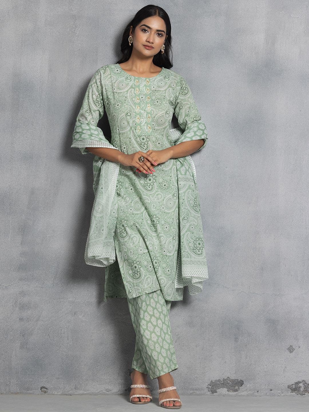 Rang by Indya Ethnic Motifs Printed Pure Cotton Kurta with Trousers & Dupatta, Green
Rang by Indya Ethnic Motifs Printed Pure Cotton Kurta with Trousers & Dupatta, Green