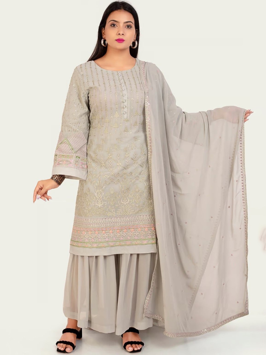 COTTON CULTURE Jawaria Floral Embroidered Georgette Straight Kurta With Sharara & Dupatta, Green
COTTON CULTURE Jawaria Floral Embroidered Georgette Straight Kurta With Sharara & Dupatta, Green