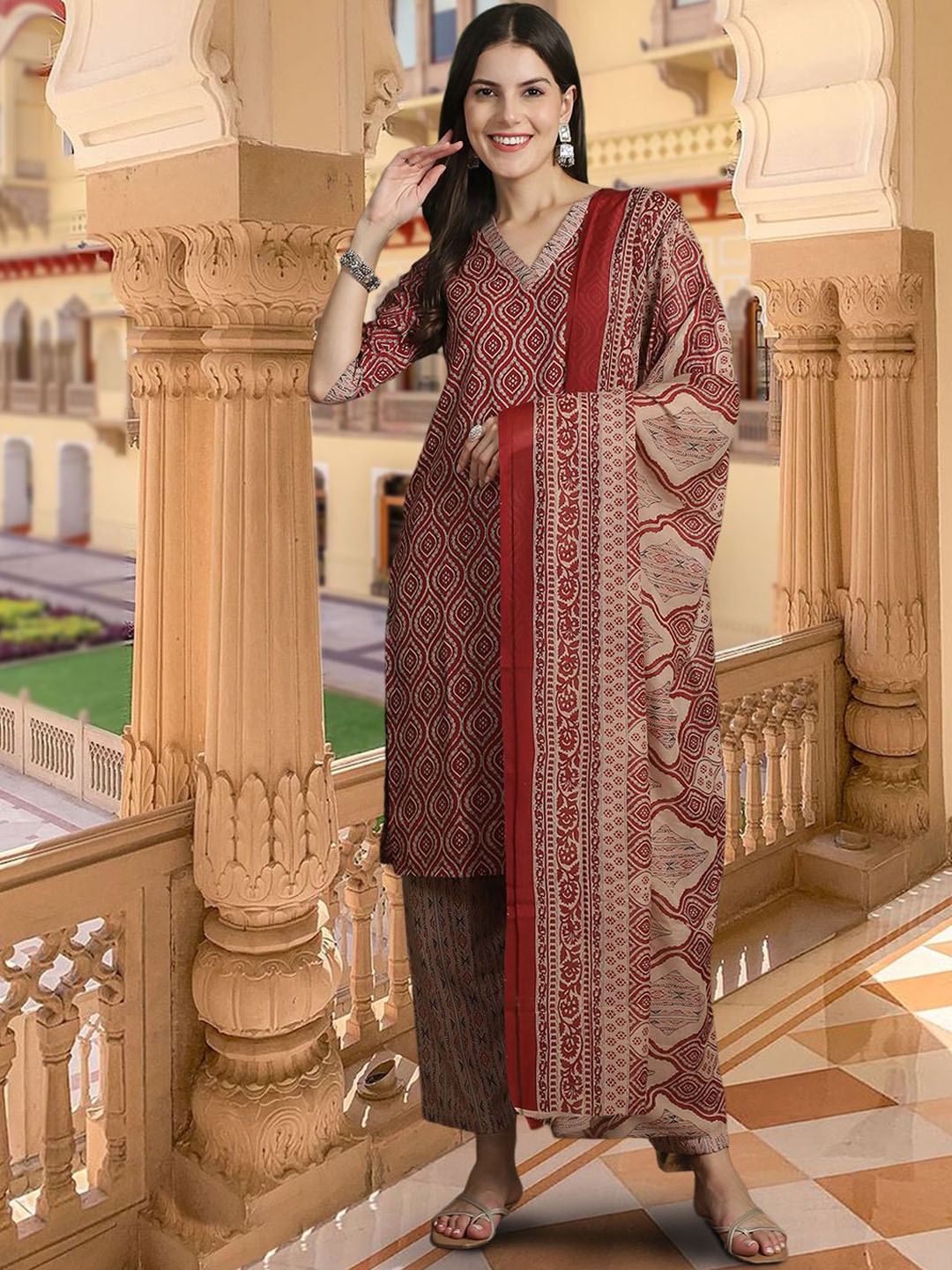 1 Stop Fashion Ethnic Motifs Printed Pure Cotton Straight Kurta with Trousers & Dupatta, Maroon
1 Stop Fashion Ethnic Motifs Printed Pure Cotton Straight Kurta with Trousers & Dupatta, Maroon