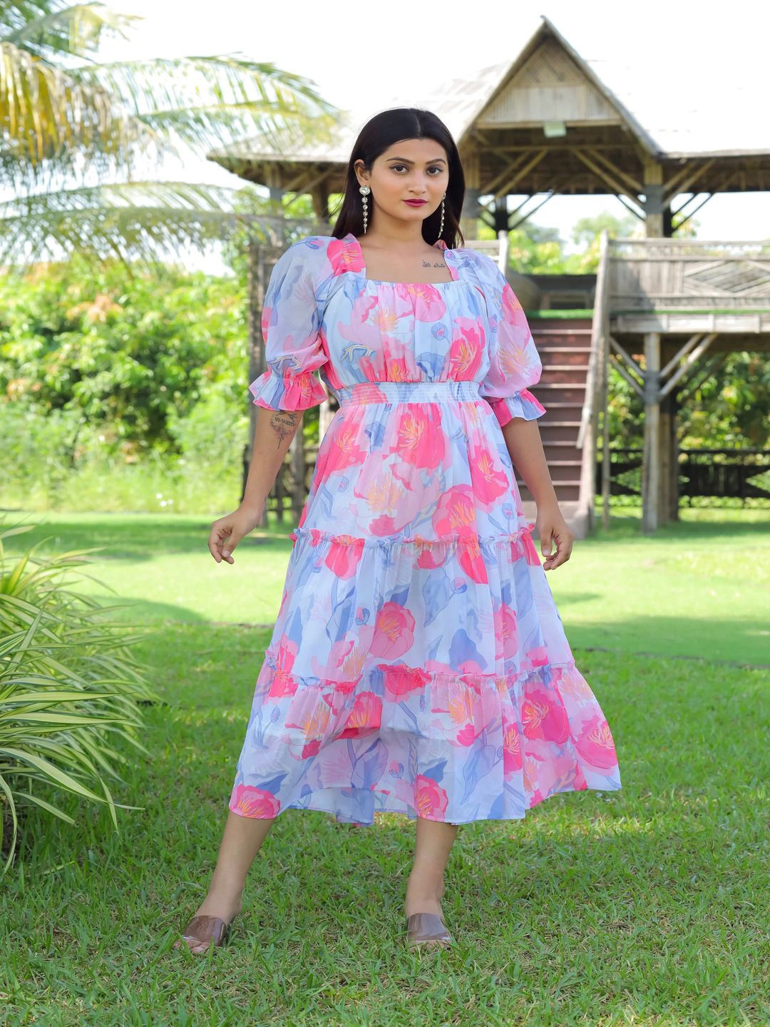 Sadika Floral Printed Square Neck Puff Sleeves Ruffled Fit and Flare Dress, Turquoise blue
Sadika Floral Printed Square Neck Puff Sleeves Ruffled Fit and Flare Dress, Turquoise blue