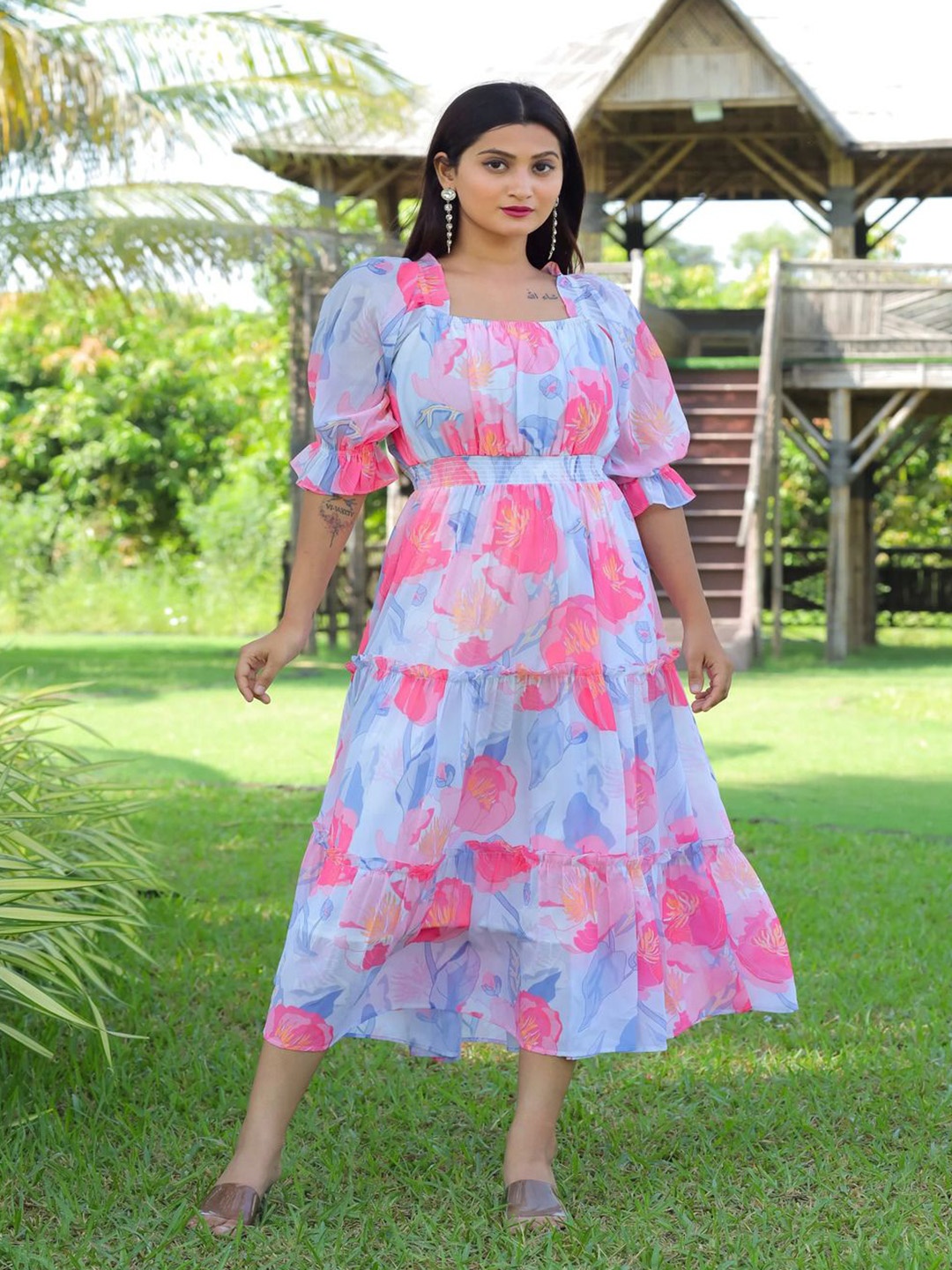 Sadika Women Floral Printed Square Neck Puff Sleeve Ruffled Fit and Flare Dresses, Turquoise blue
Sadika Women Floral Printed Square Neck Puff Sleeve Ruffled Fit and Flare Dresses, Turquoise blue