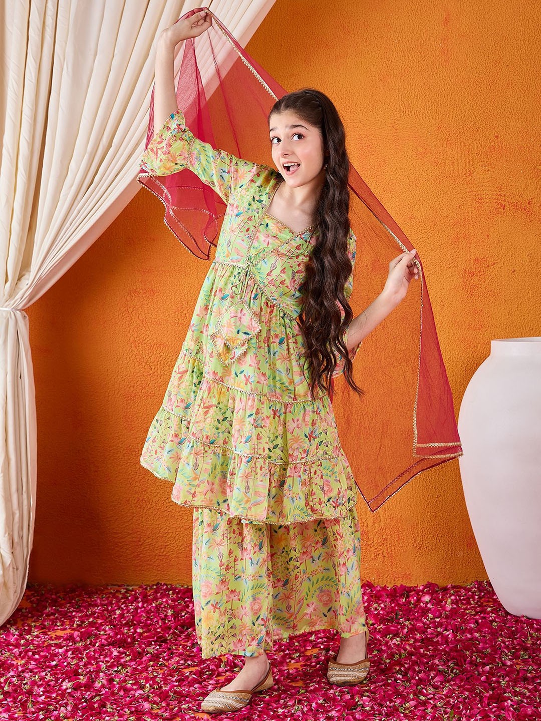Cherry & Jerry Girls Printed Tiered Gotta Patti Anarkali Kurta With Sharara & Dupatta, Green
Cherry & Jerry Girls Printed Tiered Gotta Patti Anarkali Kurta With Sharara & Dupatta, Green