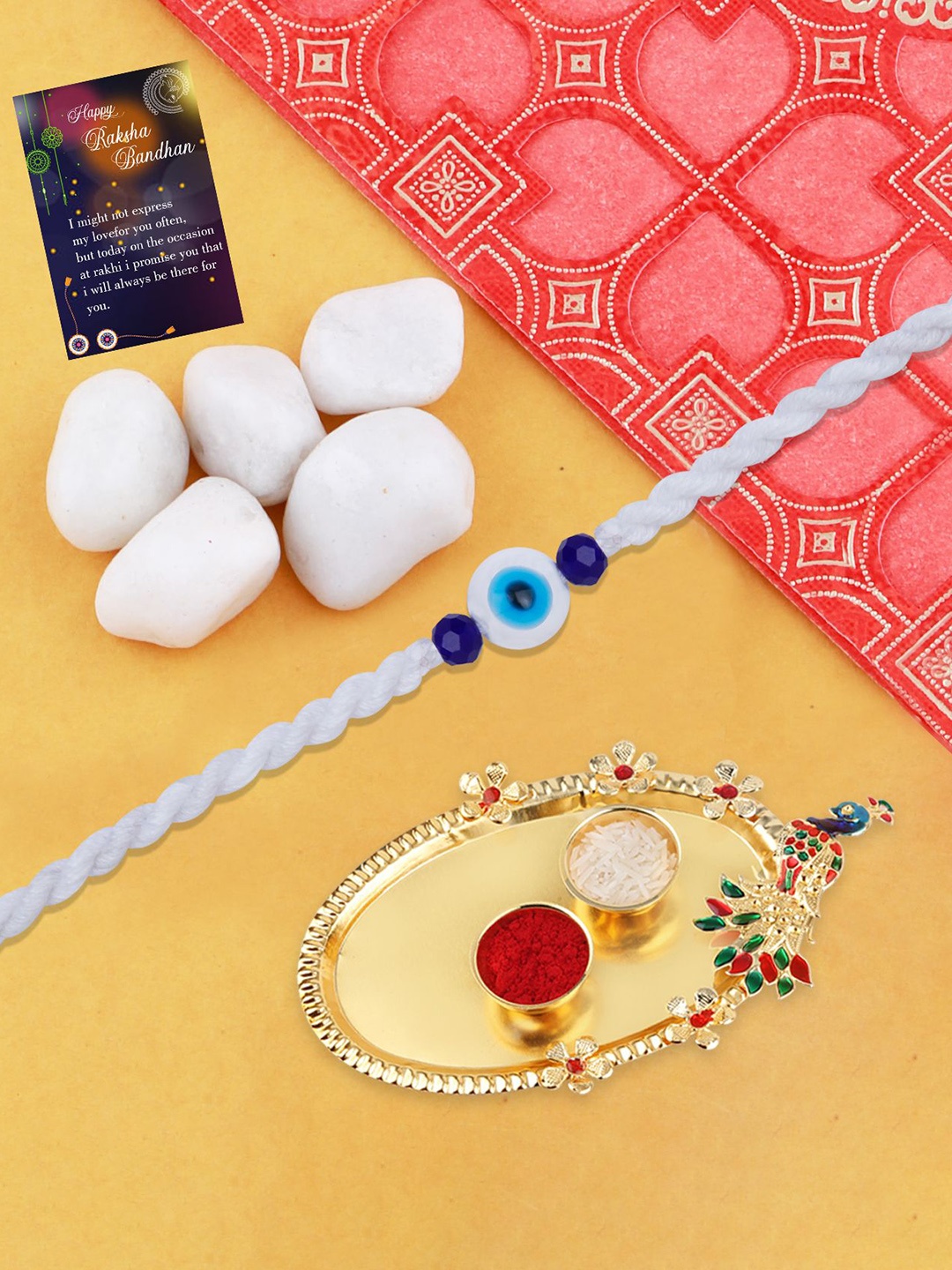 Silver Shine Set of 2 Beaded Thread Rakhi With Kankawati Pooja Thali & Roli Chawal, Blue
Silver Shine Set of 2 Beaded Thread Rakhi With Kankawati Pooja Thali & Roli Chawal, Blue