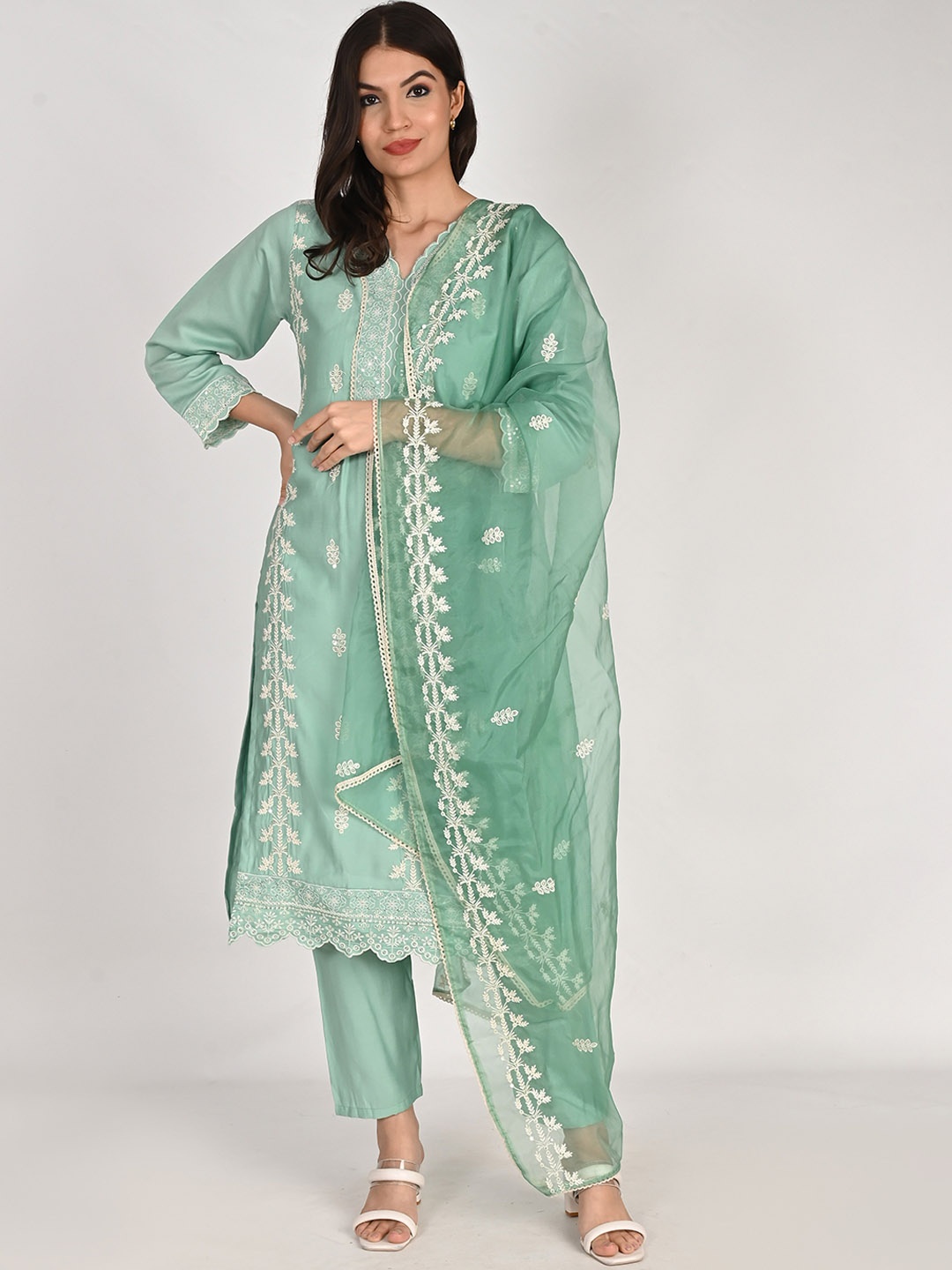 Girly Girls Ethnic Motifs Embroidered Sequinned Pure Cotton Kurta with Palazzos & Dupatta, Sea green
Girly Girls Ethnic Motifs Embroidered Sequinned Pure Cotton Kurta with Palazzos & Dupatta, Sea green