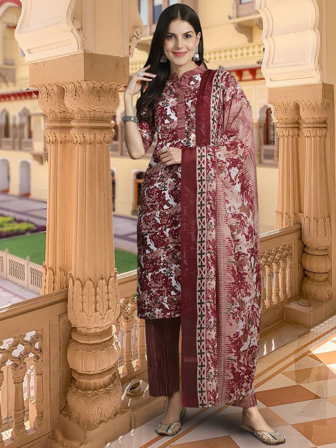 7Threads Floral Printed Band Collar Pure Cotton Kurta with Trousers & Dupatta, Maroon
7Threads Floral Printed Band Collar Pure Cotton Kurta with Trousers & Dupatta, Maroon