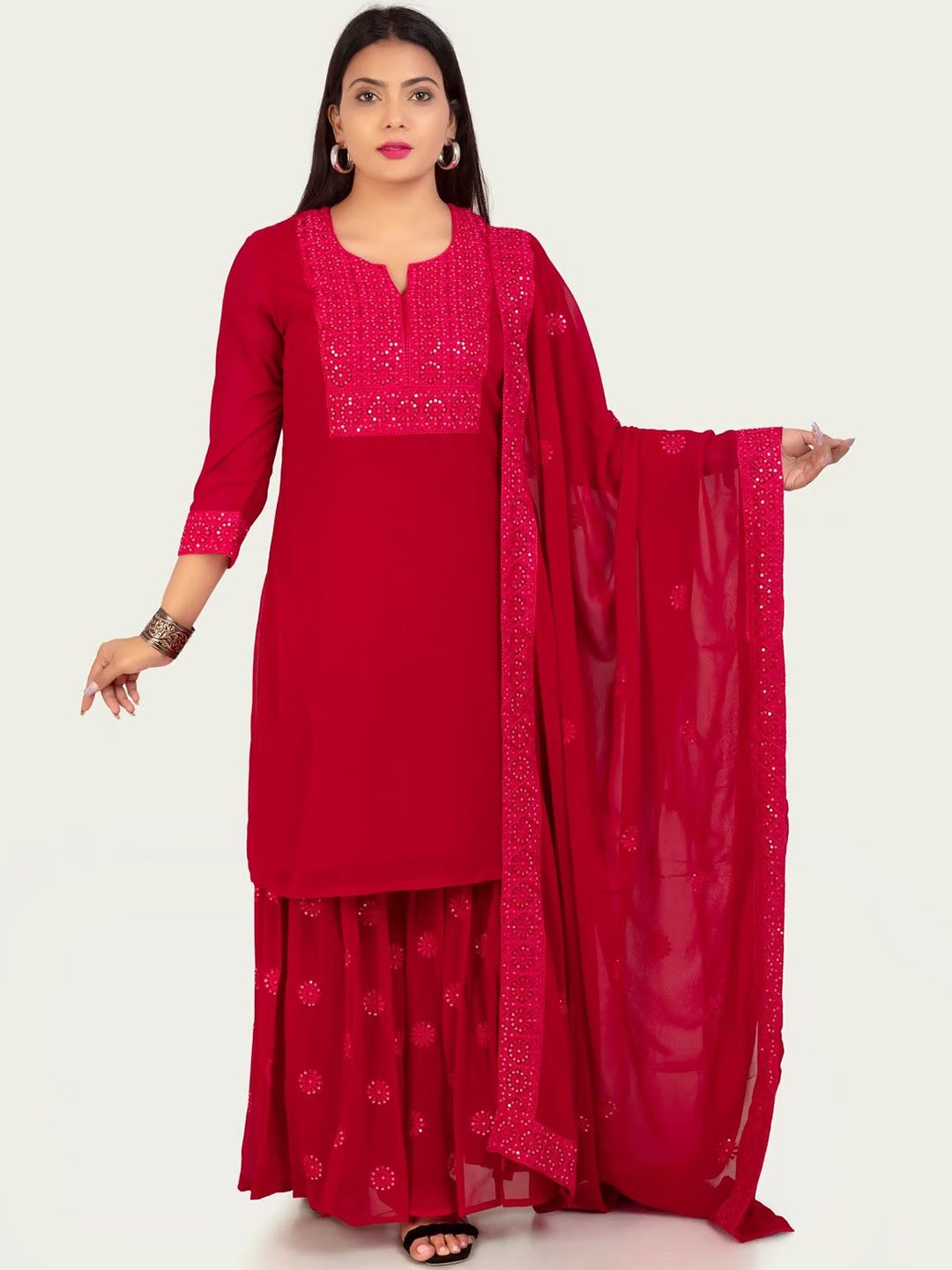 COTTON CULTURE Floral Embroidered Sequinned Georgette Straight Kurta & Sharara & Dupatta, Pink
COTTON CULTURE Floral Embroidered Sequinned Georgette Straight Kurta & Sharara & Dupatta, Pink