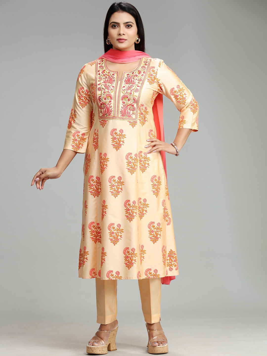 COTTON CULTURE Maheshi Floral Printed Thread Work A-Line Kurta With Churidar & Dupatta, Beige
COTTON CULTURE Maheshi Floral Printed Thread Work A-Line Kurta With Churidar & Dupatta, Beige