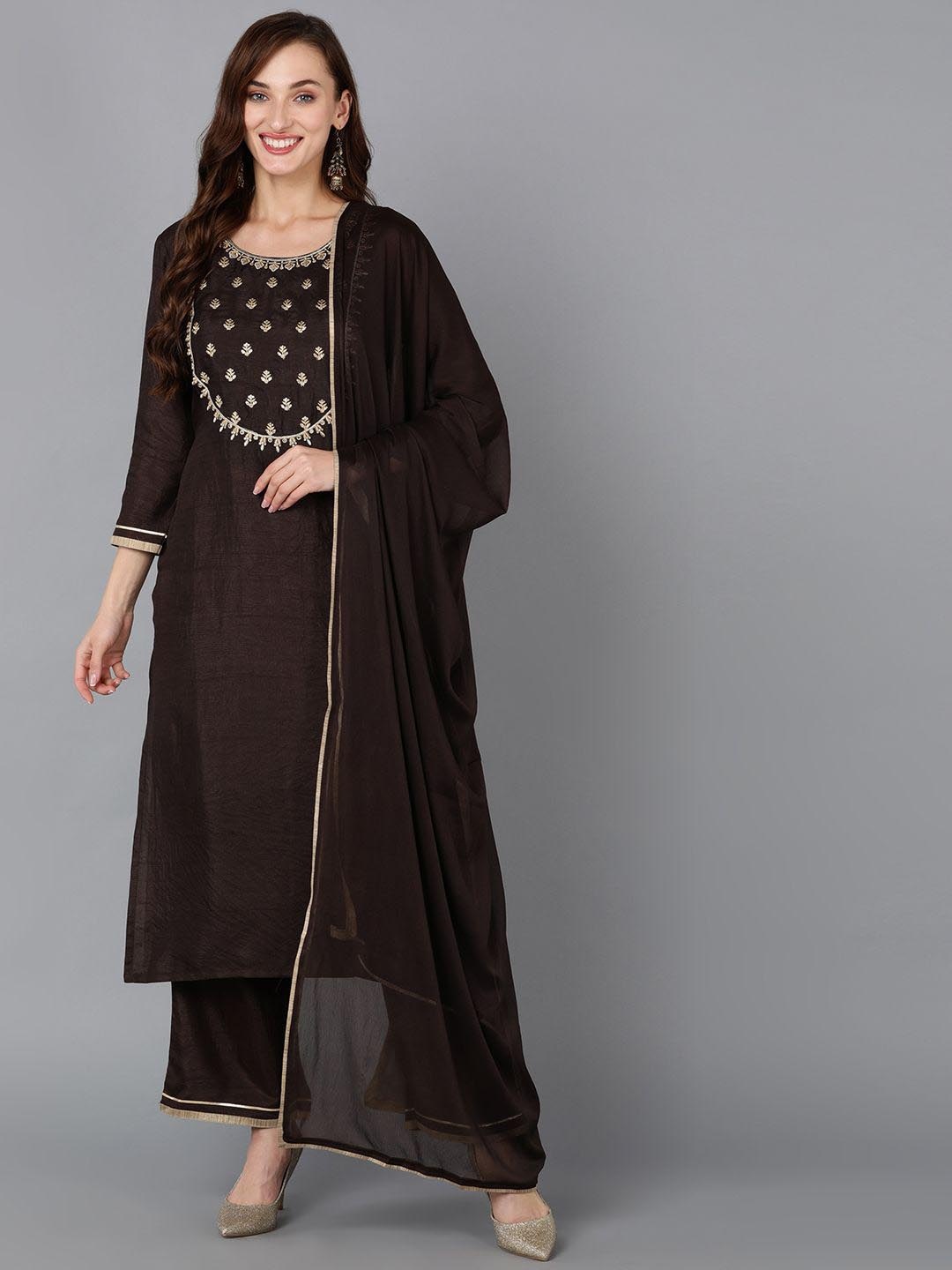 Anouk Brown Ethnic Motifs Yoke Design Sequinned Straight Kurta with Trousers & Dupatta
Anouk Brown Ethnic Motifs Yoke Design Sequinned Straight Kurta with Trousers & Dupatta