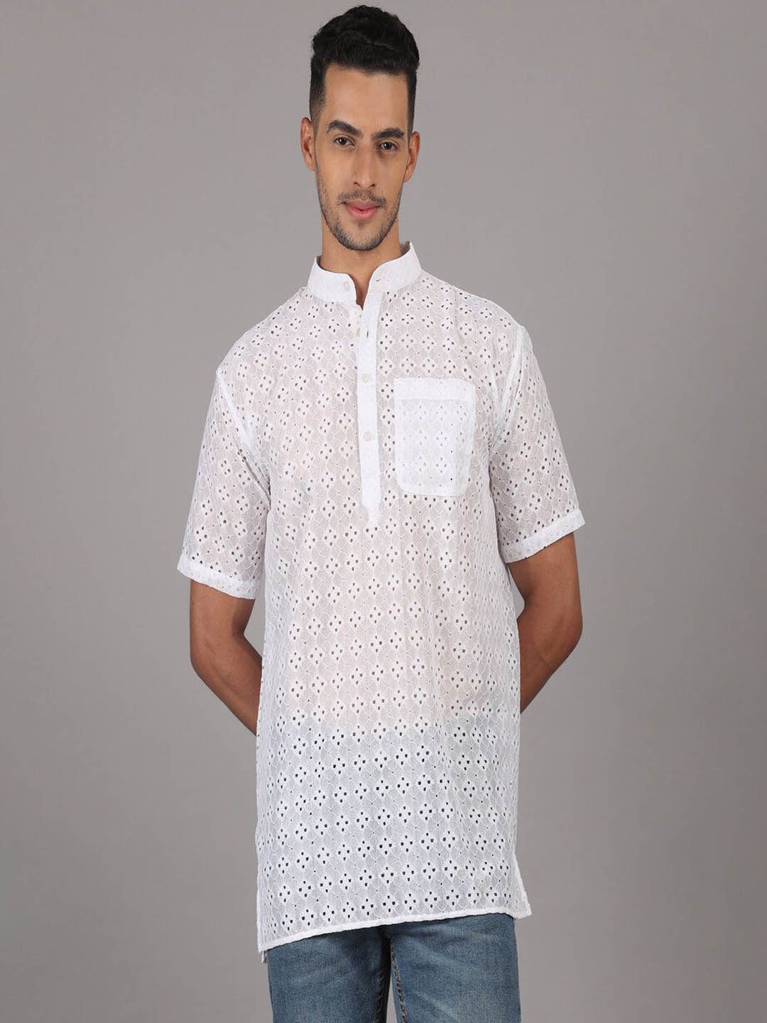 RIAG Geometric Woven Design Crochet Mandarin Collar Sheers Short Straight Kurta, White
RIAG Geometric Woven Design Crochet Mandarin Collar Sheers Short Straight Kurta, White