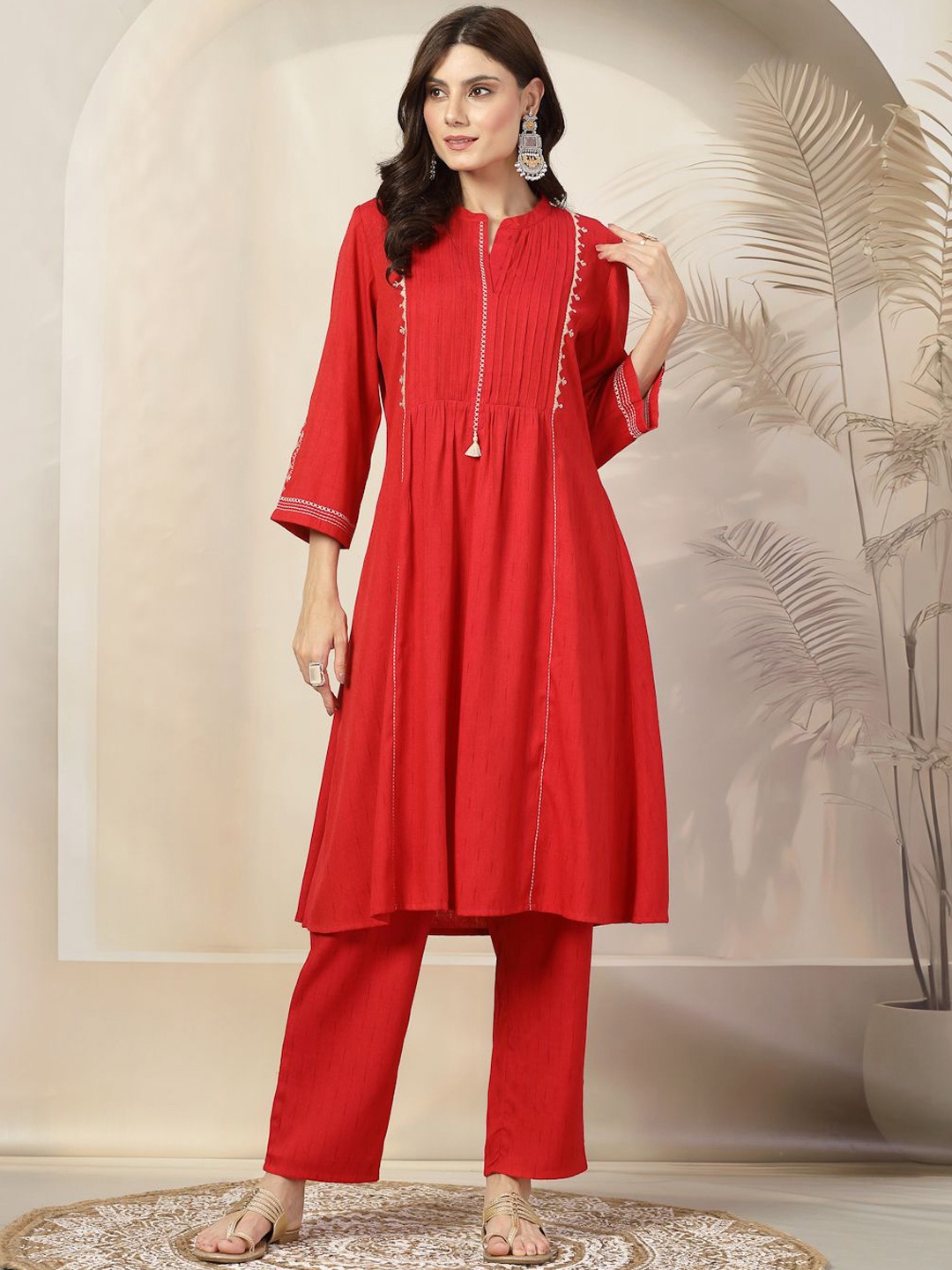 Nayam By Lakshita Striped Band Collar Thread Work A-Line Kurta With Trouser, Red
Nayam By Lakshita Striped Band Collar Thread Work A-Line Kurta With Trouser, Red