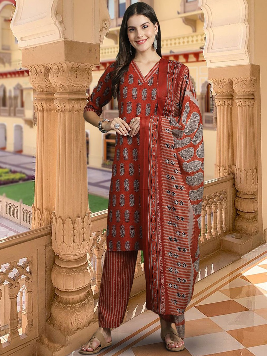 7Threads Ethnic Motifs Printed V-Neck Pure Cotton Straight Kurta With Trousers & Dupatta, Red
7Threads Ethnic Motifs Printed V-Neck Pure Cotton Straight Kurta With Trousers & Dupatta, Red