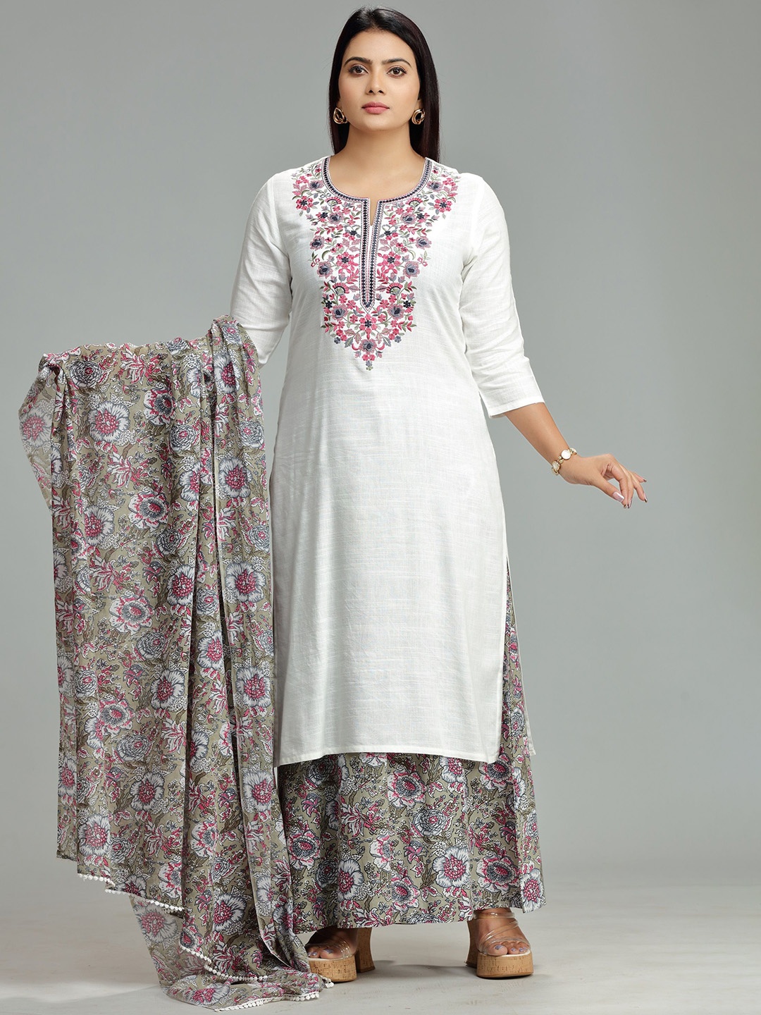 COTTON CULTURE Floral Yoke Design Pure Cotton Straight Kurta With Sharara & Dupatta, Off white
COTTON CULTURE Floral Yoke Design Pure Cotton Straight Kurta With Sharara & Dupatta, Off white