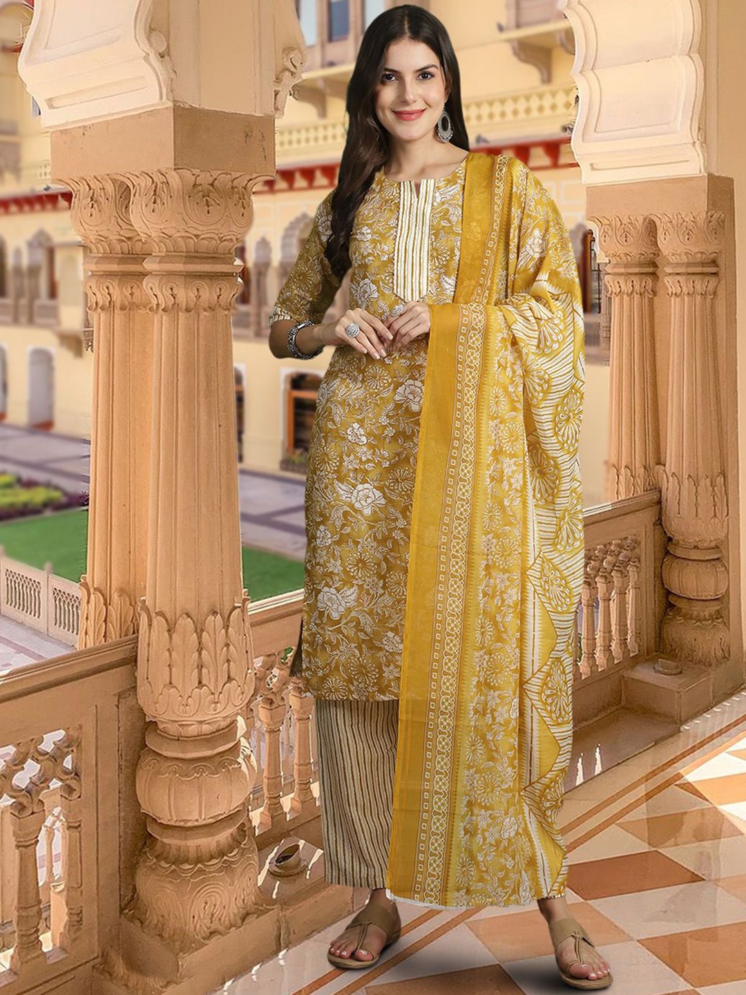 7Threads Floral Printed Notched Round Neck Pure Cotton Kurta with Trousers & Dupatta, Mustard
7Threads Floral Printed Notched Round Neck Pure Cotton Kurta with Trousers & Dupatta, Mustard