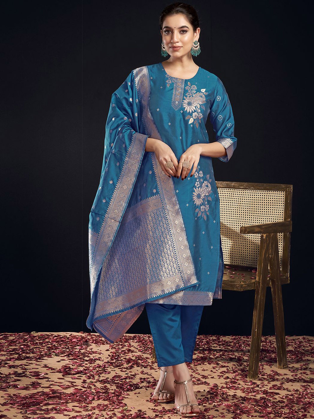 KALINI Floral Woven Design Round Neck Jacquard Straight Kurta With Trousers & Dupatta, Blue
KALINI Floral Woven Design Round Neck Jacquard Straight Kurta With Trousers & Dupatta, Blue
