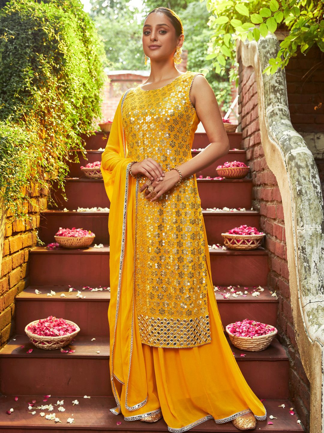 WOMEN PLUS Floral Embroidered Regular Mirror Work Straight Kurta With Sharara & Dupatta, Mustard
WOMEN PLUS Floral Embroidered Regular Mirror Work Straight Kurta With Sharara & Dupatta, Mustard