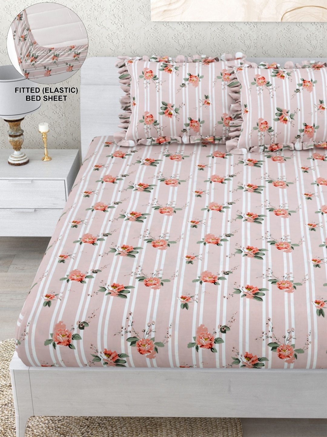 DREAM WEAVERZ Pink Floral Printed Fitted 260 TC Double King Bedsheet with 2 Pillow Covers
DREAM WEAVERZ Pink Floral Printed Fitted 260 TC Double King Bedsheet with 2 Pillow Covers