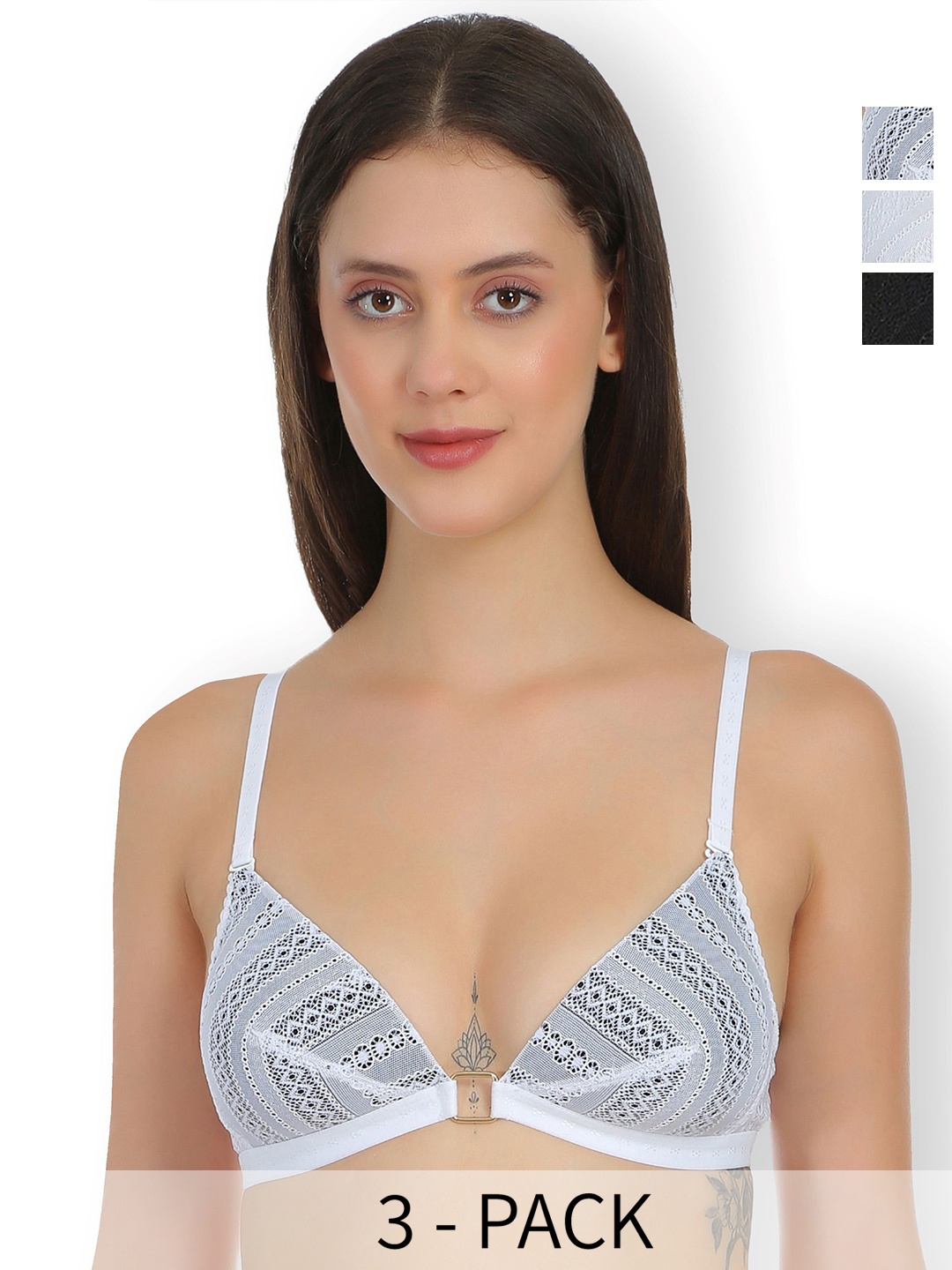 SELFCARE Pack Of 3 Net Embroided Half Coverage Lightly Padded Plunge Bra, Black
SELFCARE Pack Of 3 Net Embroided Half Coverage Lightly Padded Plunge Bra, Black