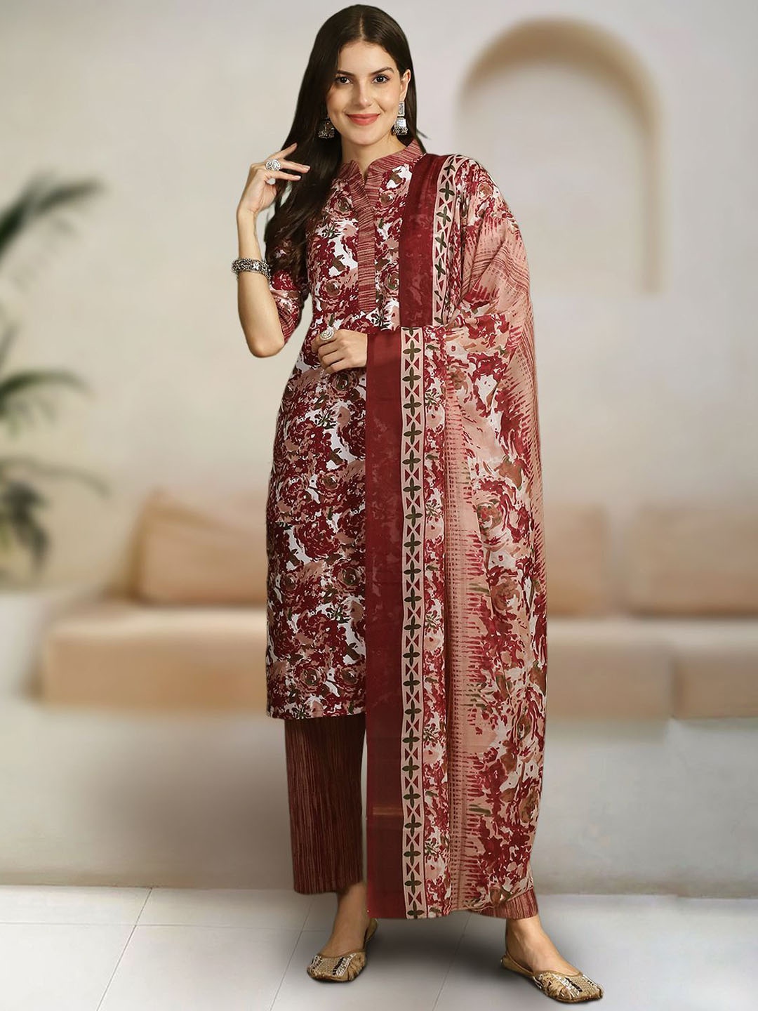 1 Stop Fashion Floral Printed Mandarin Collar Pure Cotton Kurta With Trousers & Dupatta, Maroon
1 Stop Fashion Floral Printed Mandarin Collar Pure Cotton Kurta With Trousers & Dupatta, Maroon
