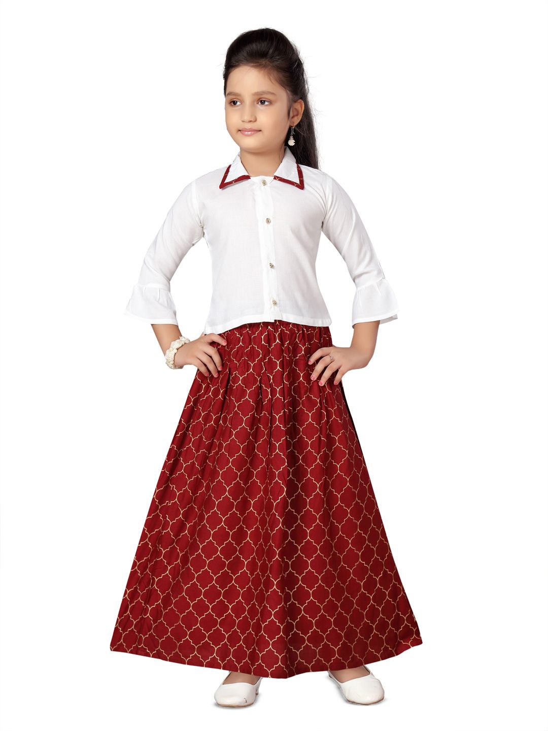 BAESD Girls Foil Printed Shirt Collar Bell Sleeves Cotton Ready to Wear Lehenga & Choli, White
BAESD Girls Foil Printed Shirt Collar Bell Sleeves Cotton Ready to Wear Lehenga & Choli, White