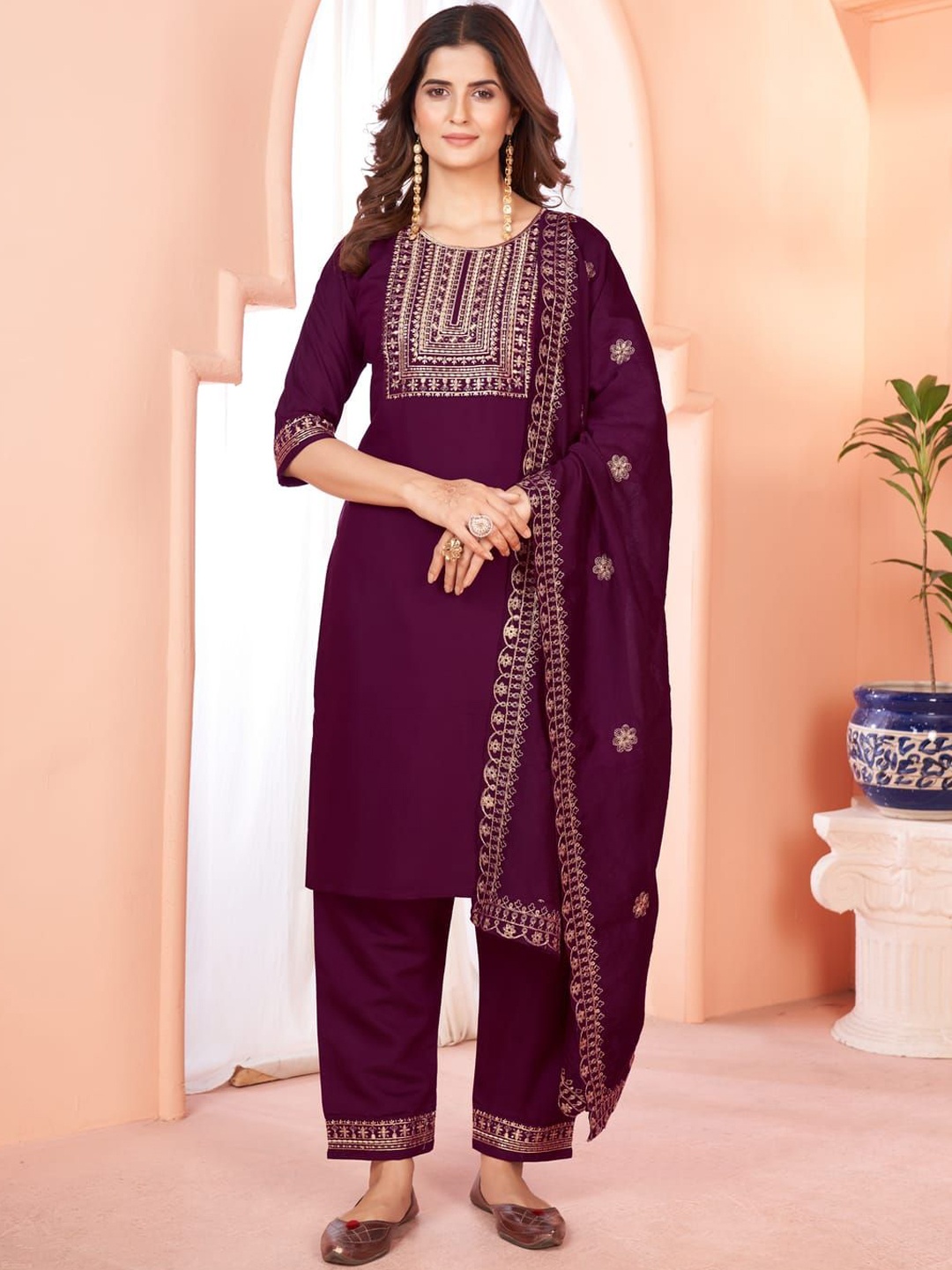 Suha Ethnic Motifs Embroidered Sequinned Straight Kurta With Palazzos & Dupatta, Maroon
Suha Ethnic Motifs Embroidered Sequinned Straight Kurta With Palazzos & Dupatta, Maroon