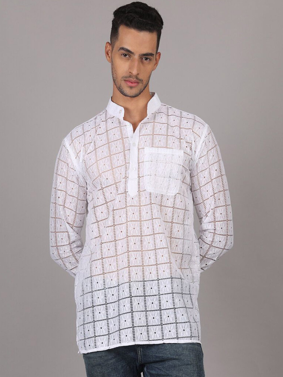 RIAG Geometric Woven Design Crochet Mandarin Collar Sheers Short Straight Kurta, White
RIAG Geometric Woven Design Crochet Mandarin Collar Sheers Short Straight Kurta, White