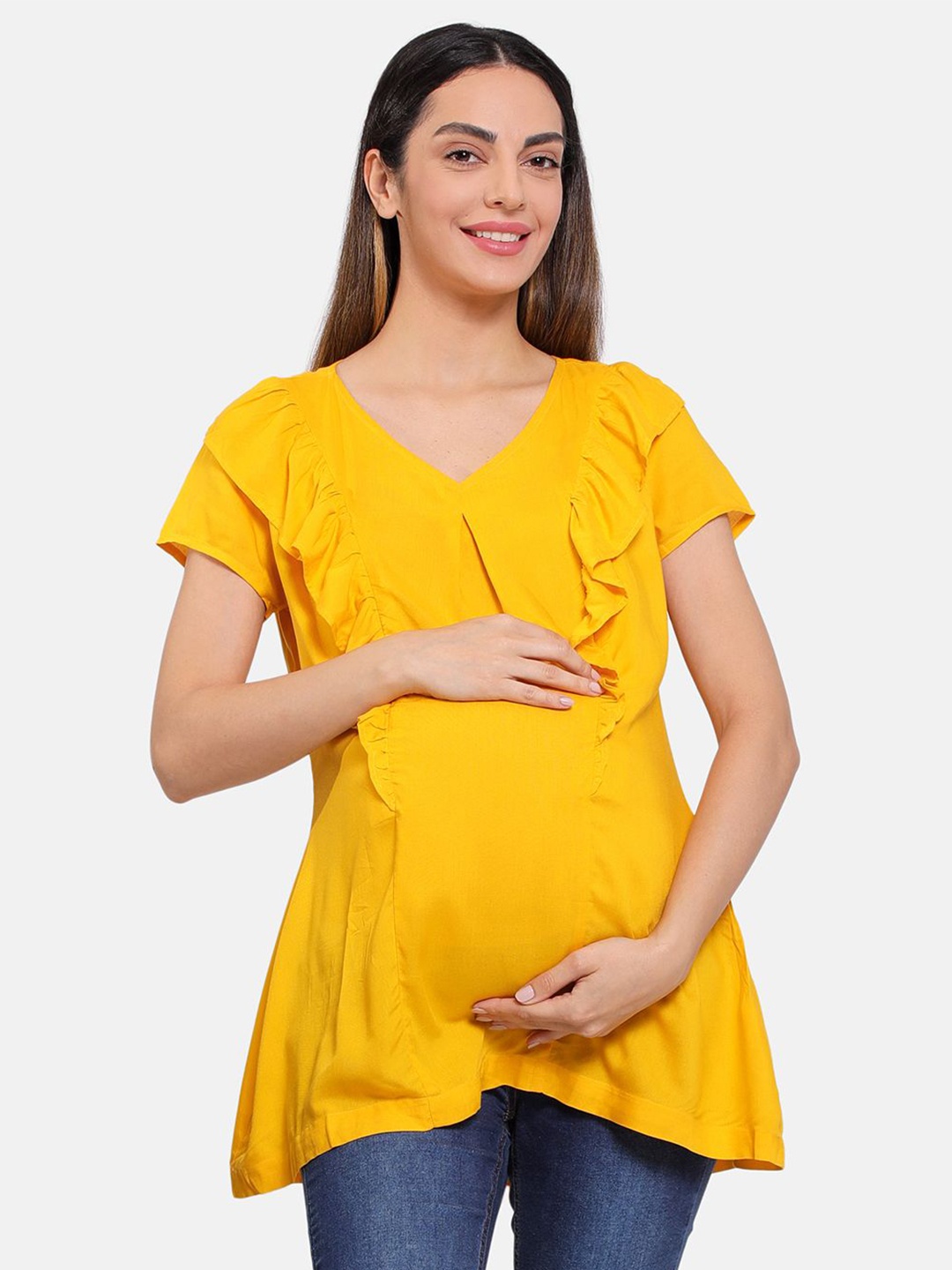 MINI KLUB Women V-Neck Ruffles Detail Woven A-Line Longline Maternity Top, Yellow
MINI KLUB Women V-Neck Ruffles Detail Woven A-Line Longline Maternity Top, Yellow