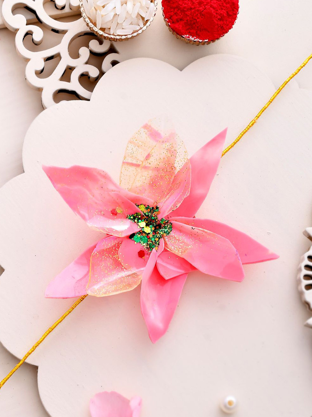 Sangria Beaded Thread Rakhi with Roli Chawal & Greetings Card, Pink 
Sangria Beaded Thread Rakhi with Roli Chawal & Greetings Card, Pink