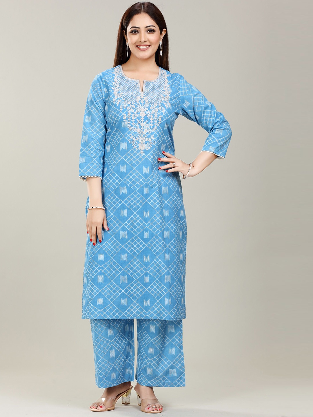 COTTON CULTURE Geometric Printed Thread Work Pure Cotton Straight Kurta With Palazzos, Blue
COTTON CULTURE Geometric Printed Thread Work Pure Cotton Straight Kurta With Palazzos, Blue