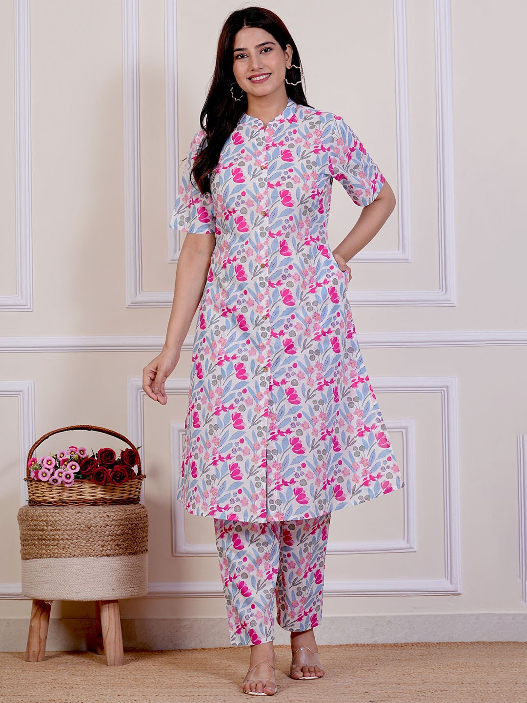 P3D CREATION Floral Printed Mandarin Collar Pure Cotton Straight Kurta With Trouser, Pink
P3D CREATION Floral Printed Mandarin Collar Pure Cotton Straight Kurta With Trouser, Pink