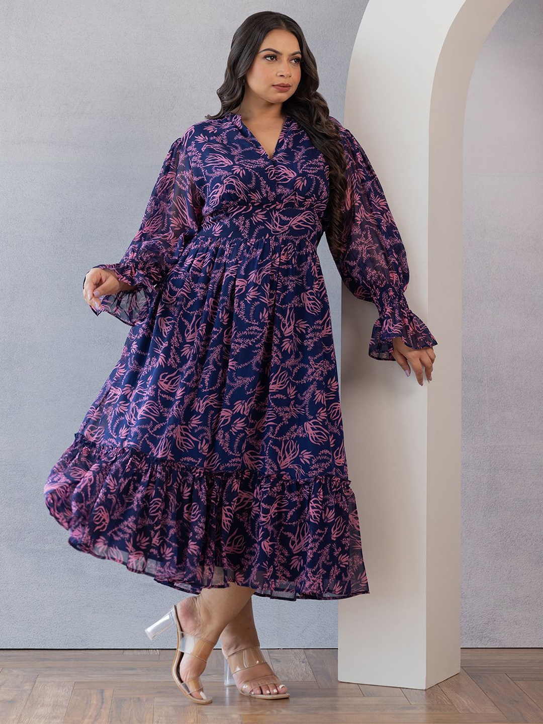 Polago Clothing Plus Size Floral Print Puff Sleeve Georgette A-Line Midi Dress, Blue
Polago Clothing Plus Size Floral Print Puff Sleeve Georgette A-Line Midi Dress, Blue
