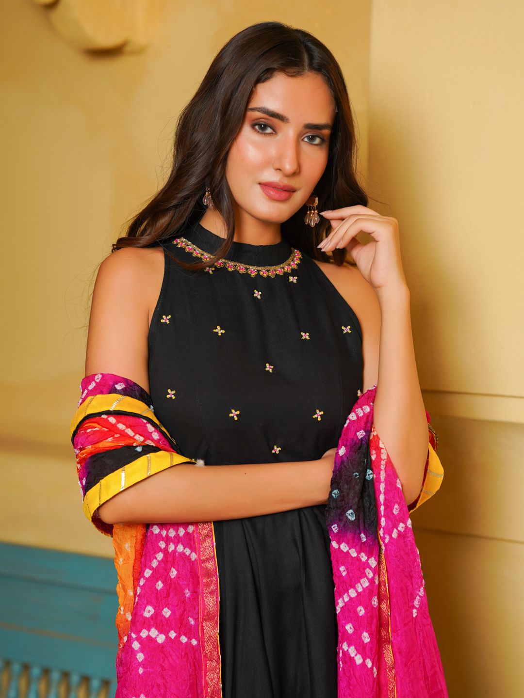 Ambraee High Neck Embroidered Thread Work Bandhani Anarkali Kurta with Trousers & Dupatta, Black
Ambraee High Neck Embroidered Thread Work Bandhani Anarkali Kurta with Trousers & Dupatta, Black
