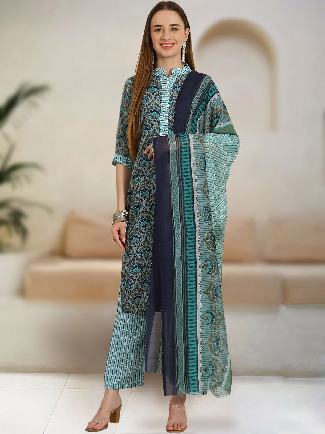 Ethnic basket Floral Printed Band Collar Pure Cotton Kurta with Trousers & Dupatta, Teal
Ethnic basket Floral Printed Band Collar Pure Cotton Kurta with Trousers & Dupatta, Teal