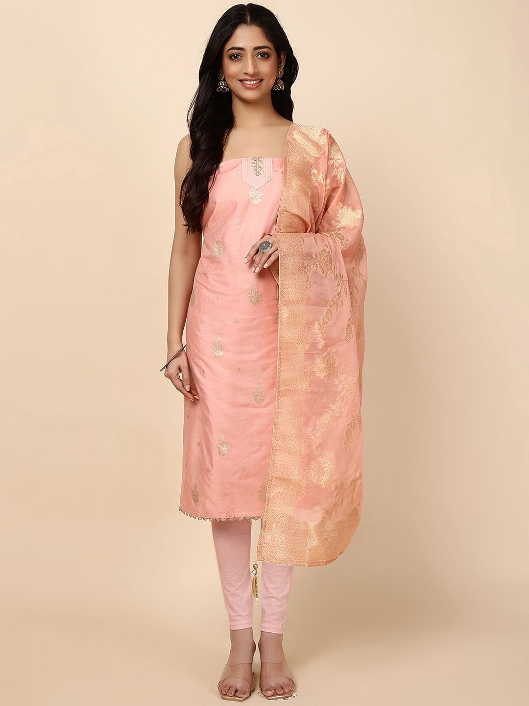 Meena Bazaar Floral Woven Design Zari Chanderi Unstitched Dress Material, Peach
Meena Bazaar Floral Woven Design Zari Chanderi Unstitched Dress Material, Peach