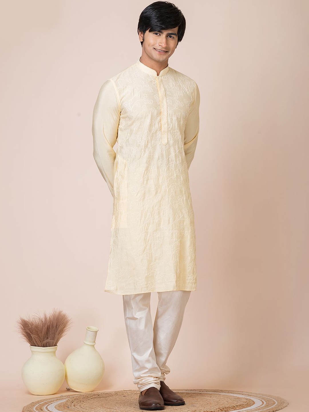 HU - Handcrafted Uniquely Floral Embroidered Thread Work Chanderi Silk Kurta with Churidar, Yellow
HU - Handcrafted Uniquely Floral Embroidered Thread Work Chanderi Silk Kurta with Churidar, Yellow