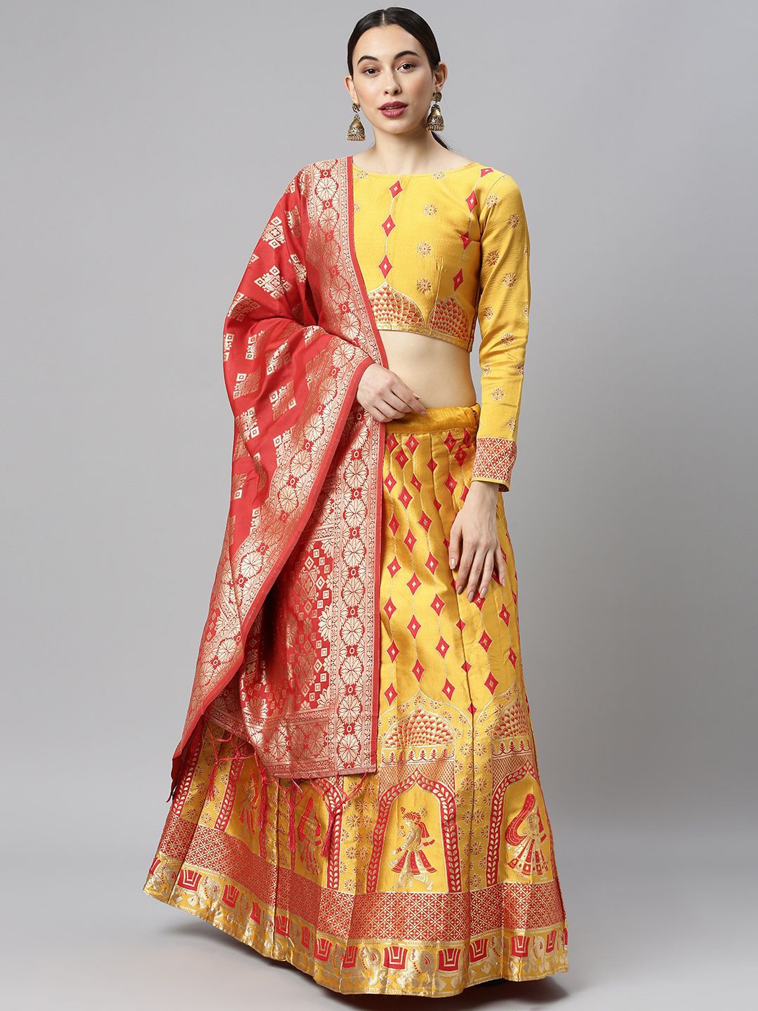MAGMINA Woven Design Zari Semi-Stitched Lehenga & Unstitched Blouse With Dupatta, Mustard
MAGMINA Woven Design Zari Semi-Stitched Lehenga & Unstitched Blouse With Dupatta, Mustard