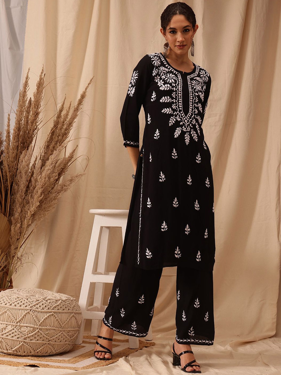 ADA Ethnic Motifs Embroidered Lucknowi Chikankari Straight Kurta with Palazzos, Black
ADA Ethnic Motifs Embroidered Lucknowi Chikankari Straight Kurta with Palazzos, Black