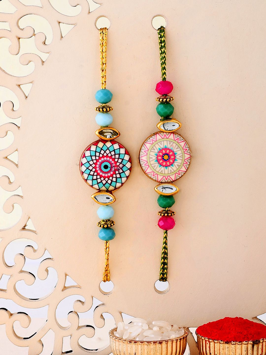 Sangria Yellow Set of 2 Mandala Art Work Beaded Rakhis With Roli Chawal & Greetings Card
Sangria Yellow Set of 2 Mandala Art Work Beaded Rakhis With Roli Chawal & Greetings Card