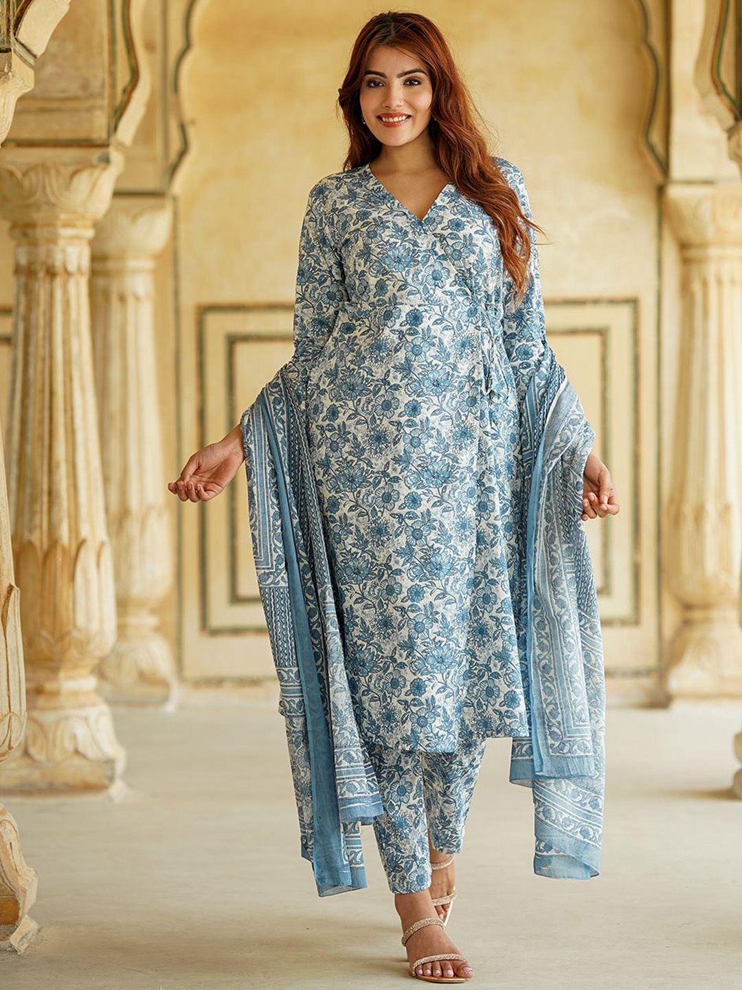 KALINI Floral Printed Angrakha Pure Cotton A-Line Kurta With Trousers & Dupatta, Blue
KALINI Floral Printed Angrakha Pure Cotton A-Line Kurta With Trousers & Dupatta, Blue