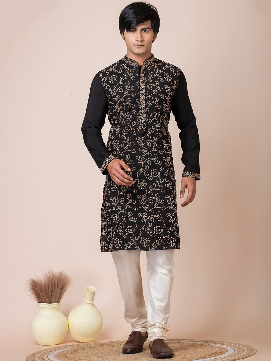 HU - Handcrafted Uniquely Floral Embroidered Thread Work Chanderi Silk Kurta with Churidar, Black
HU - Handcrafted Uniquely Floral Embroidered Thread Work Chanderi Silk Kurta with Churidar, Black