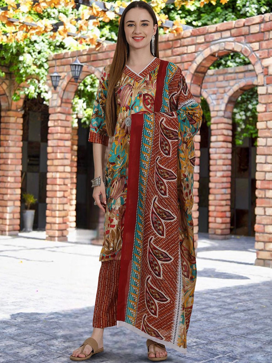 Ethnic basket Floral Printed V Neck Pure Cotton Straight Kurta With Trousers & Dupatta, Mustard
Ethnic basket Floral Printed V Neck Pure Cotton Straight Kurta With Trousers & Dupatta, Mustard