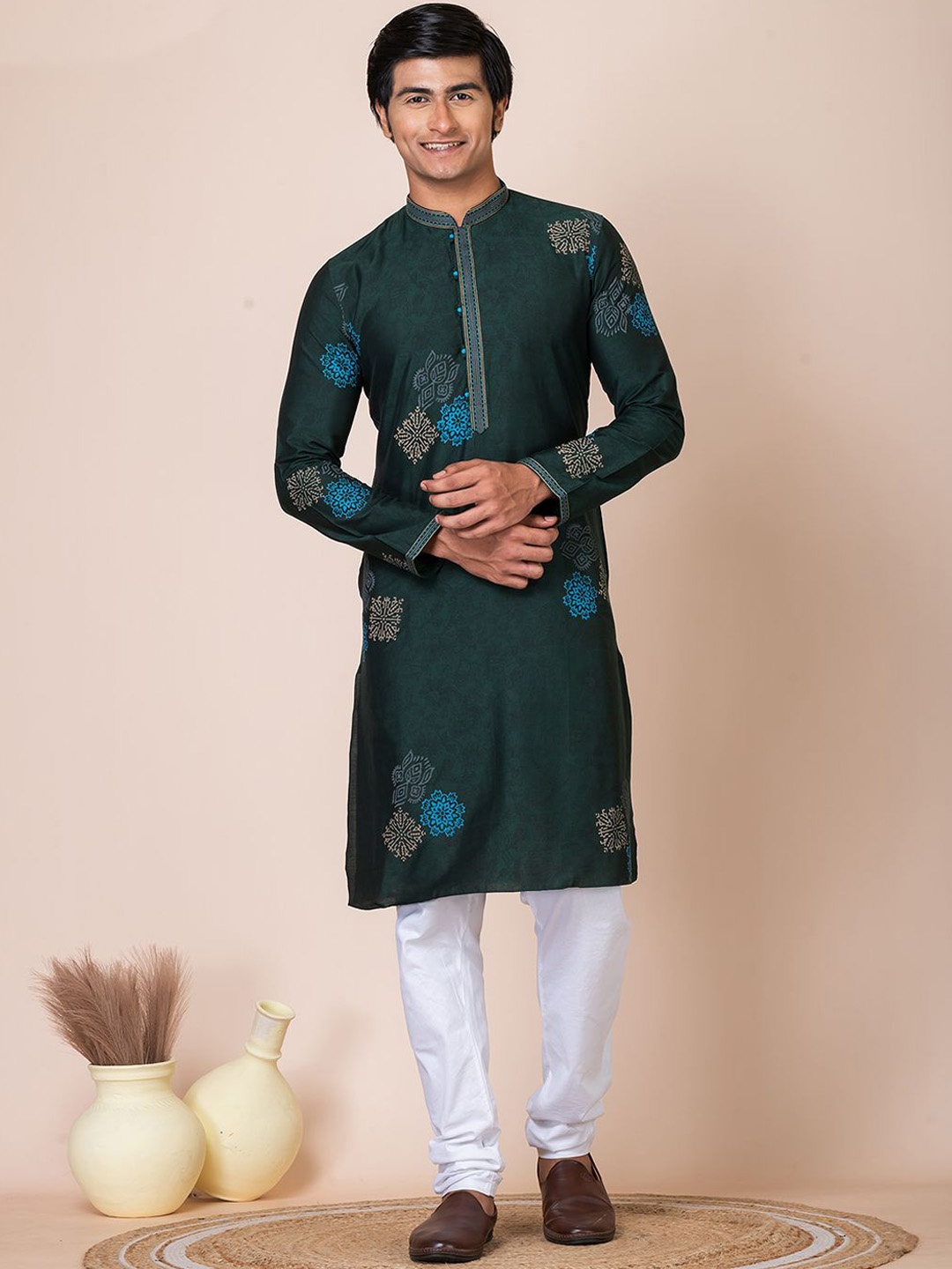 HU - Handcrafted Uniquely Floral Block & Screen Printed Pure Silk Kurta with Churidar, Green
HU - Handcrafted Uniquely Floral Block & Screen Printed Pure Silk Kurta with Churidar, Green