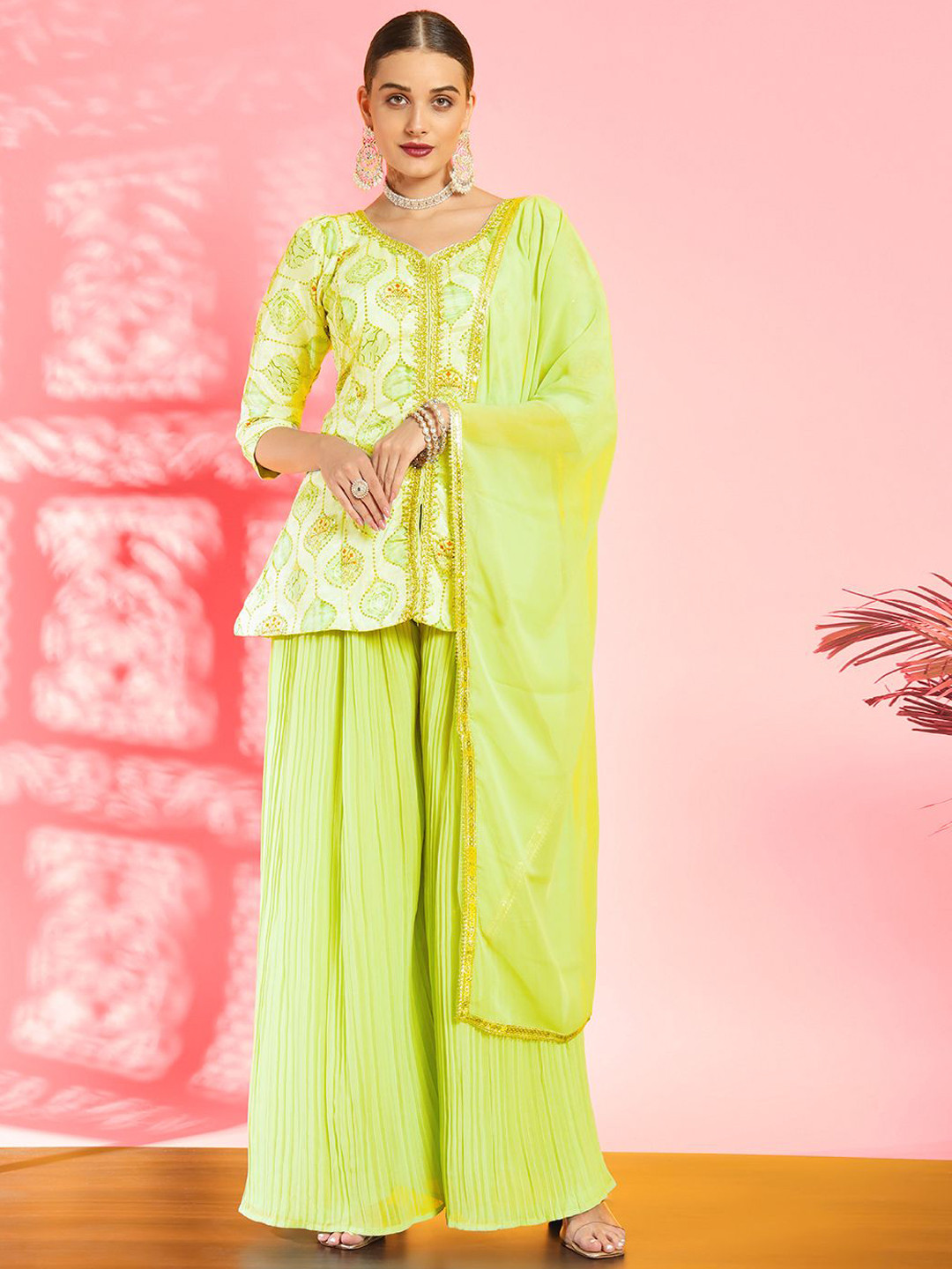 Chhabra 555 Ethnic Motifs Printed Gotta Patti A-Line Kurti With Palazzos & Dupatta, Lime green
Chhabra 555 Ethnic Motifs Printed Gotta Patti A-Line Kurti With Palazzos & Dupatta, Lime green