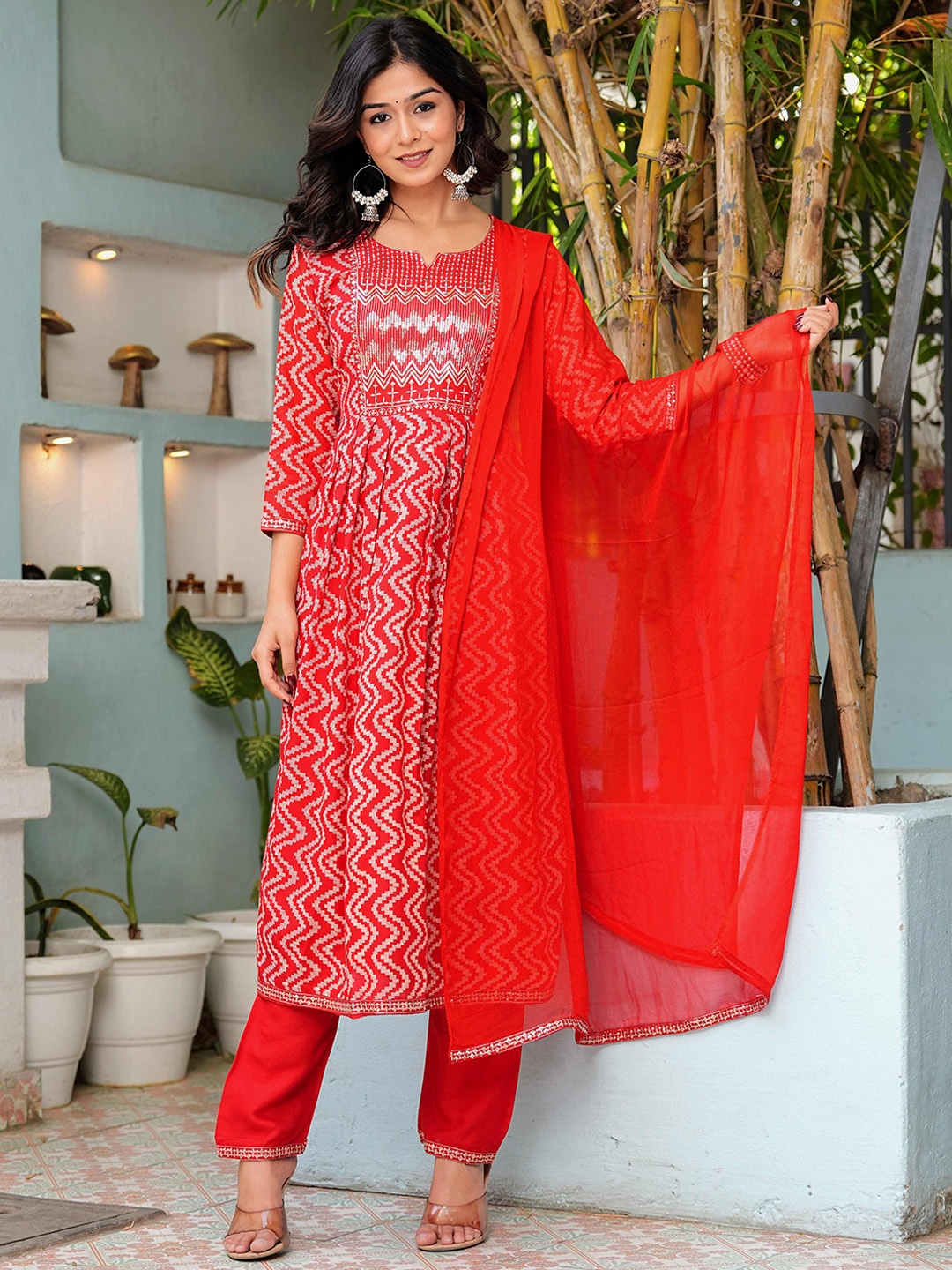 Chandbaali Geometric Printed Regular Sequinned A-Line Kurta With Trousers & Dupatta, Red
Chandbaali Geometric Printed Regular Sequinned A-Line Kurta With Trousers & Dupatta, Red