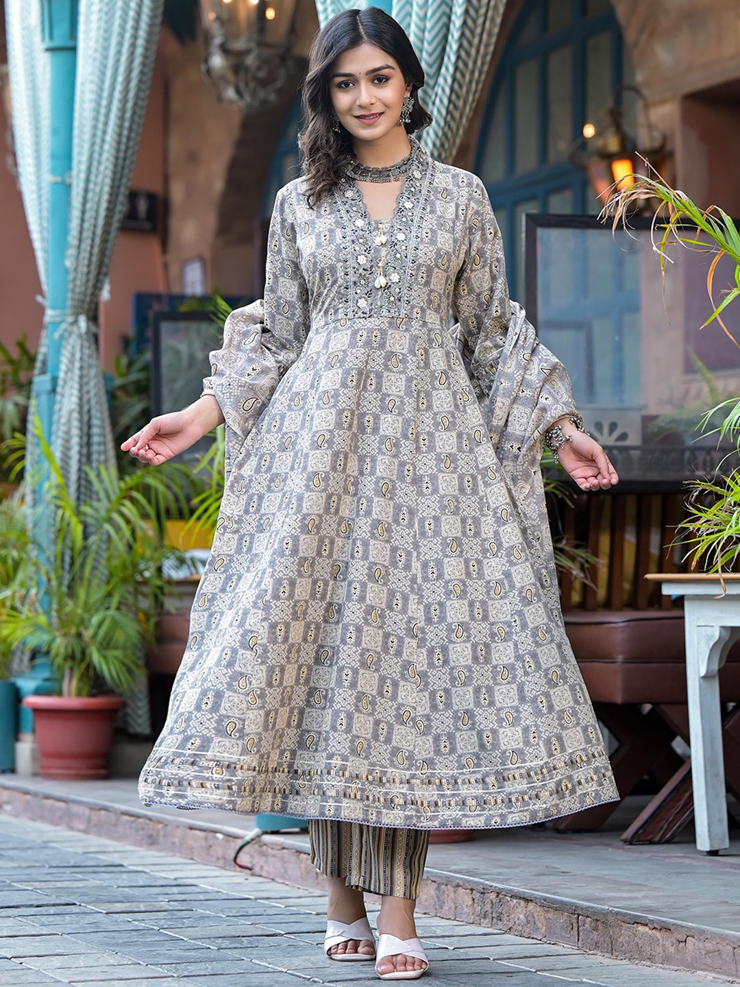 KALINI Ethnic Motifs Embroidered Pure Cotton Anarkali Kurta With Trousers & Dupatta, Grey
KALINI Ethnic Motifs Embroidered Pure Cotton Anarkali Kurta With Trousers & Dupatta, Grey