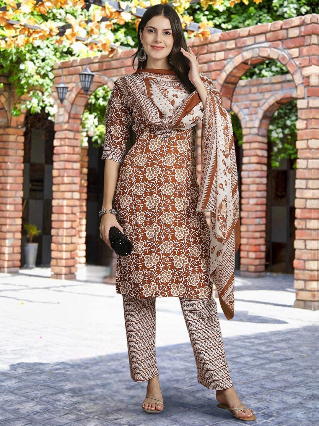Ethnic basket Floral Printed V-Neck Pure Cotton Printed Kurta With Trousers & Dupatta, Rust
Ethnic basket Floral Printed V-Neck Pure Cotton Printed Kurta With Trousers & Dupatta, Rust